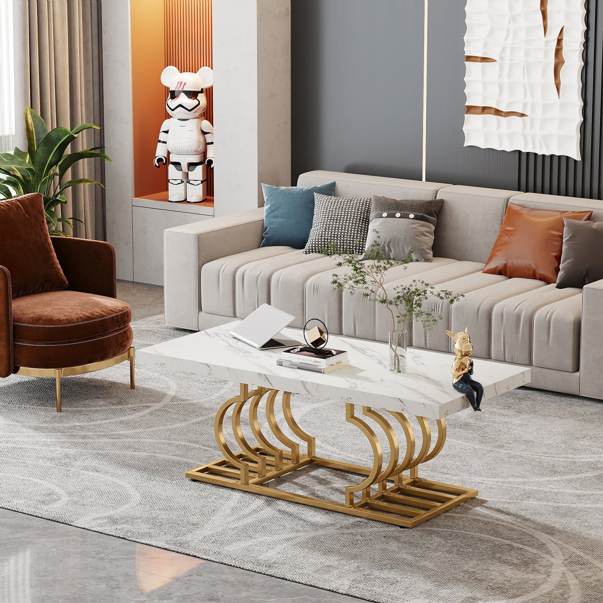 Coffee Table, 47? Faux Marble Cocktail Table with Geometric Frame - Image 4
