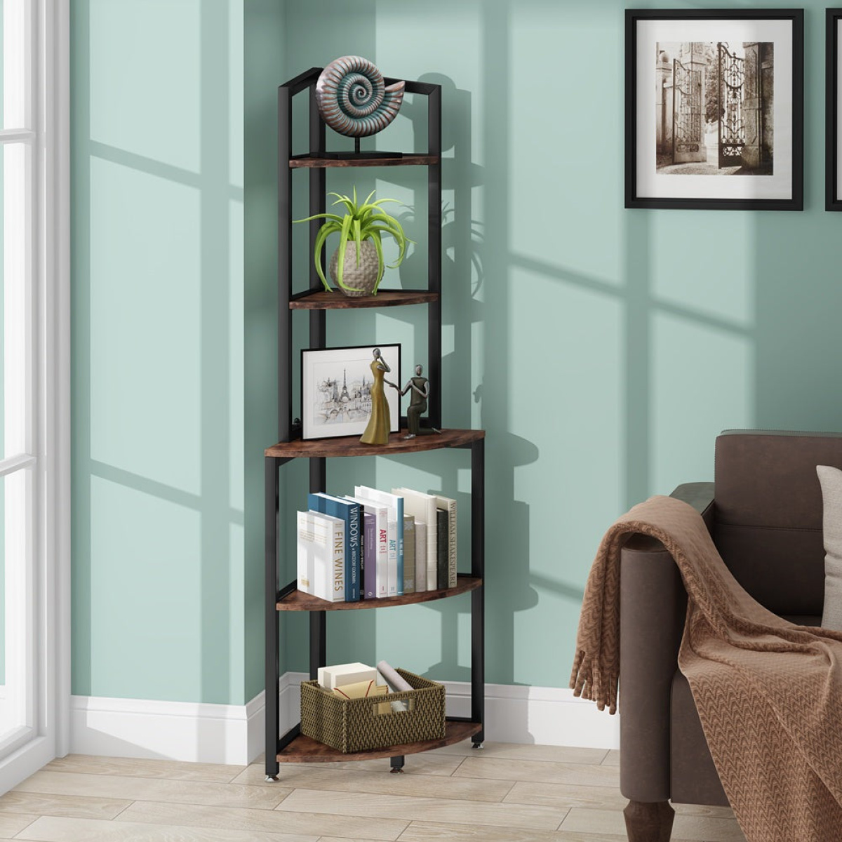 Corner Shelf, 60 Inch Corner Bookshelf Ladder Shelf Plant Stand - Image 5