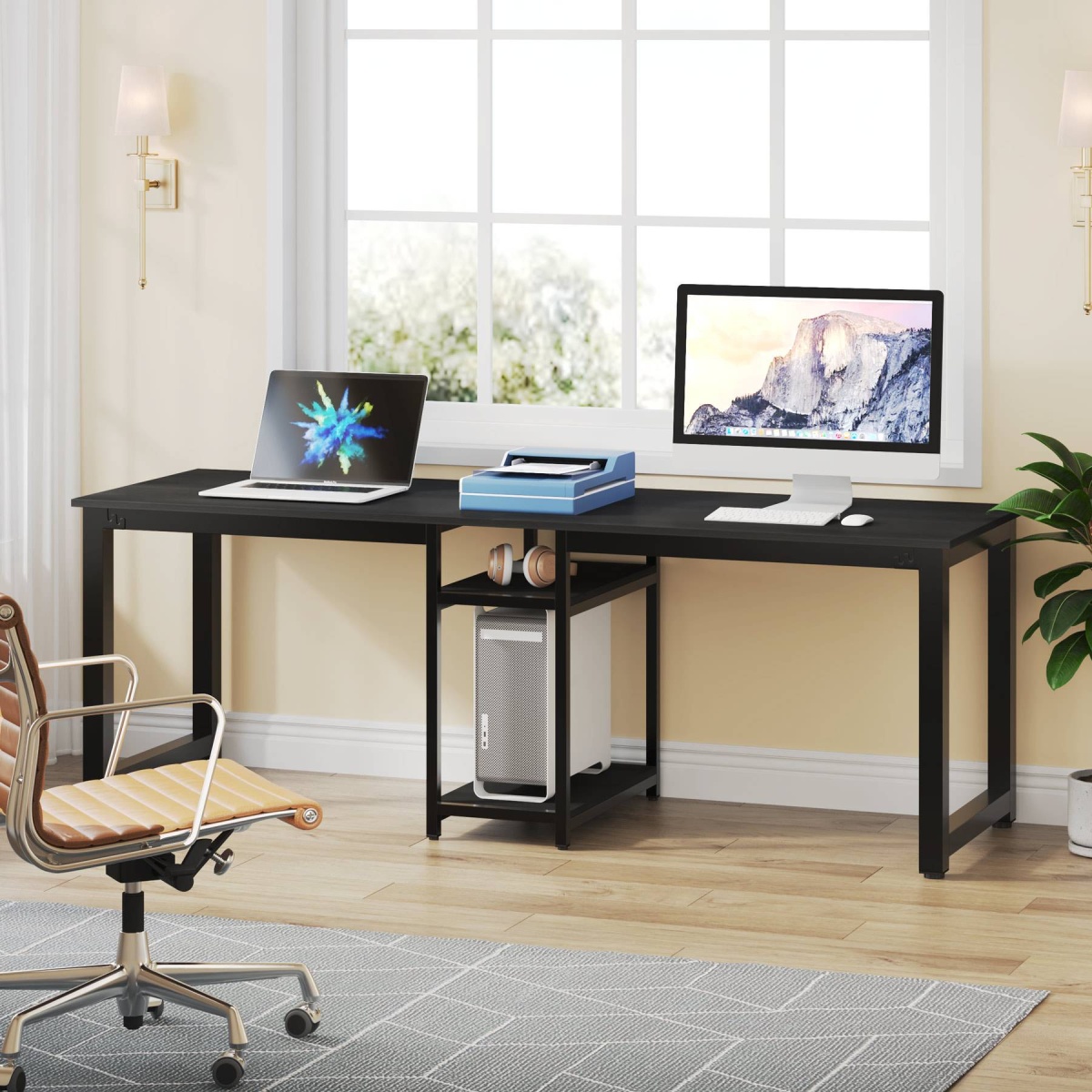 Two Person Desk, 78 Inches Computer Desk with Storage Shelves - Image 1