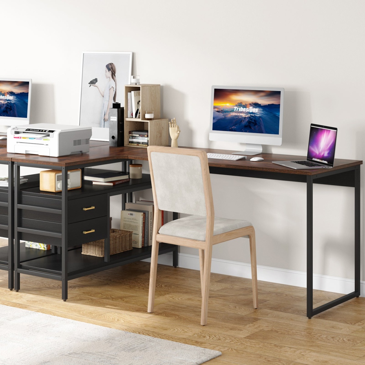 L-Shaped Desk, 59? Computer Desk with 2 Drawers & Storage Shelves - Image 5