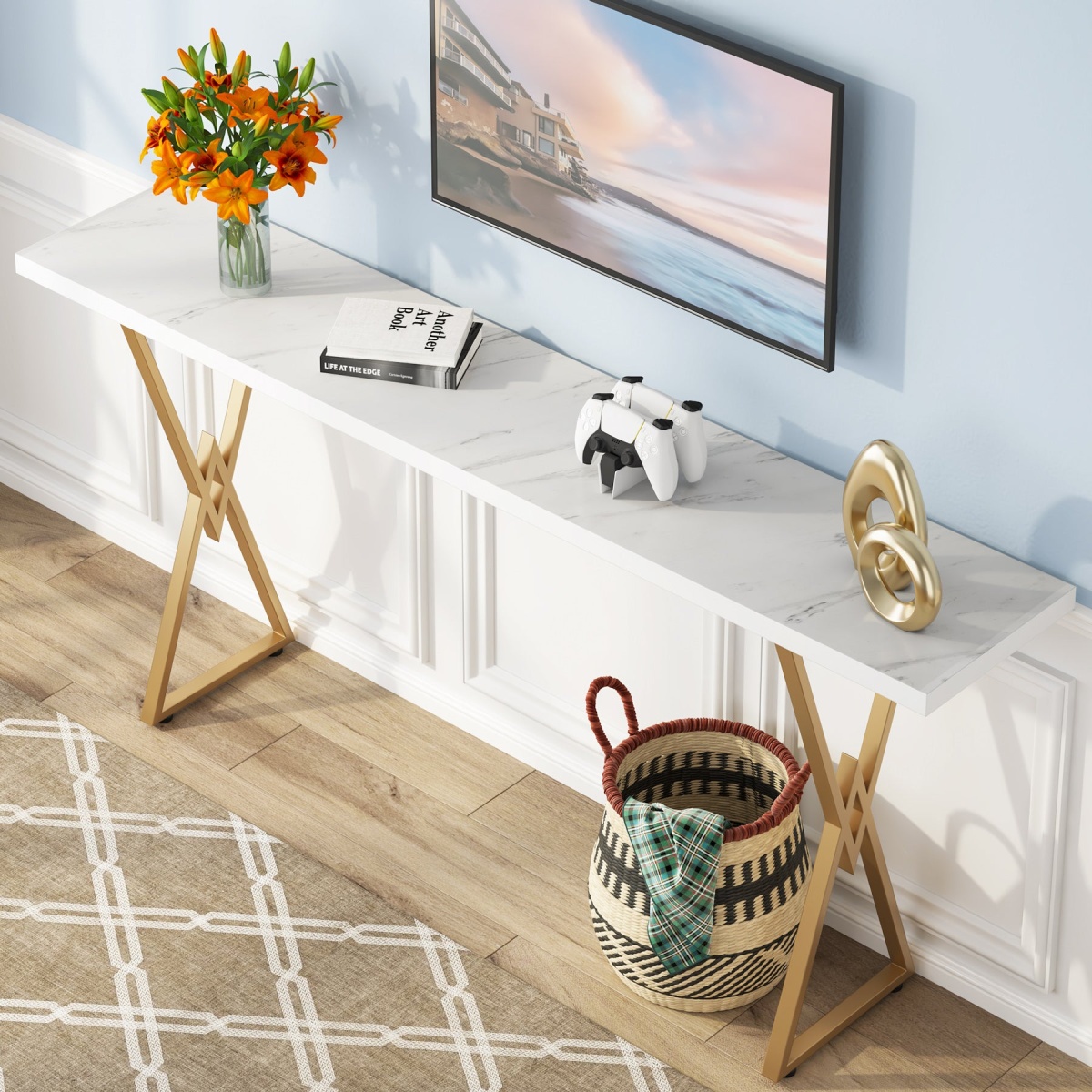 Console Table, 70.9 Inch Sofa Table Hallway Table, White and Gold - Image 4