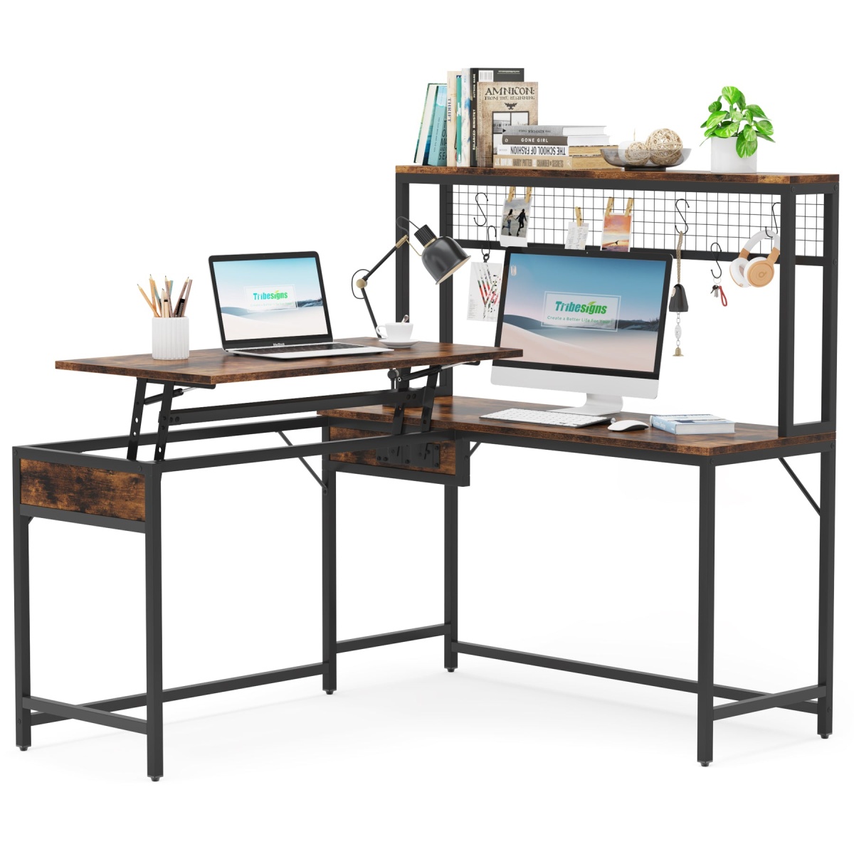 Lift Top L-Shaped Desk, Corner Height Adjustable Desk with Hutch - Image 1