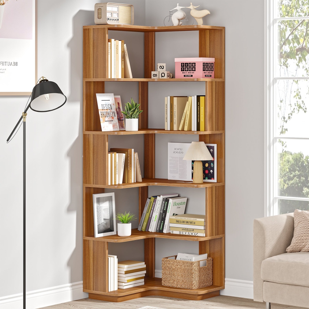 Corner Bookshelf, 6-Tier Corner Bookcase Display Rack - Image 1