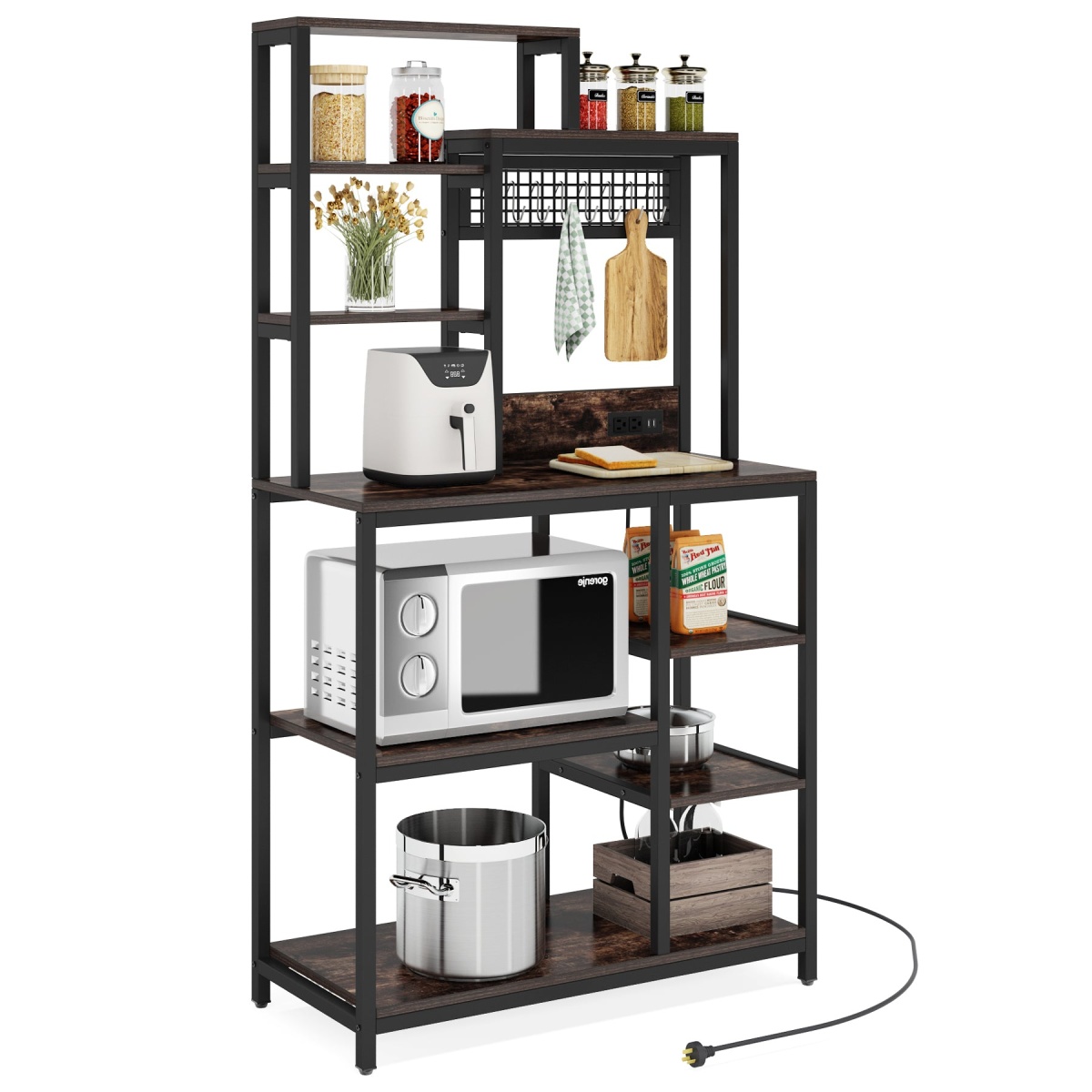 Bakers Rack with Power Outlet, 9-Tier Microwave Stand with Hutch - Image 1