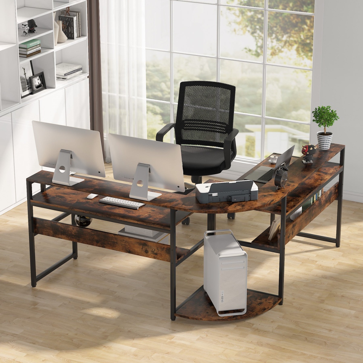 L-Shaped Desk, Corner Computer Desk with Monitor Riser - Image 4