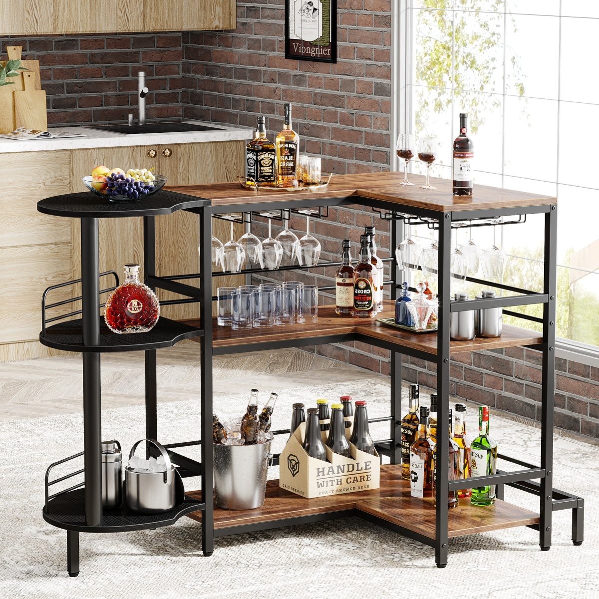Home Bar Unit, 3-Tier L-Shaped Liquor Bar Table with Glass Holders - Image 4