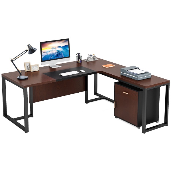 L-Shaped Desk, 70.8?? Executive Desk with Mobile File Cabinet
