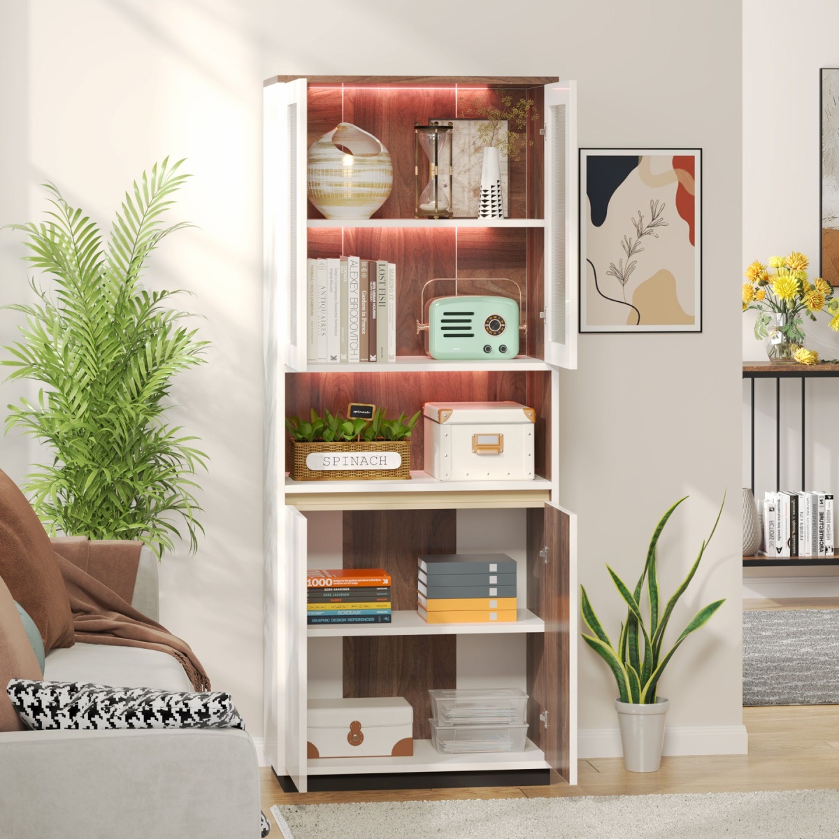 Bookcase, 71? Bookshelf Storage Cabinet with LED Light & Doors - Image 5