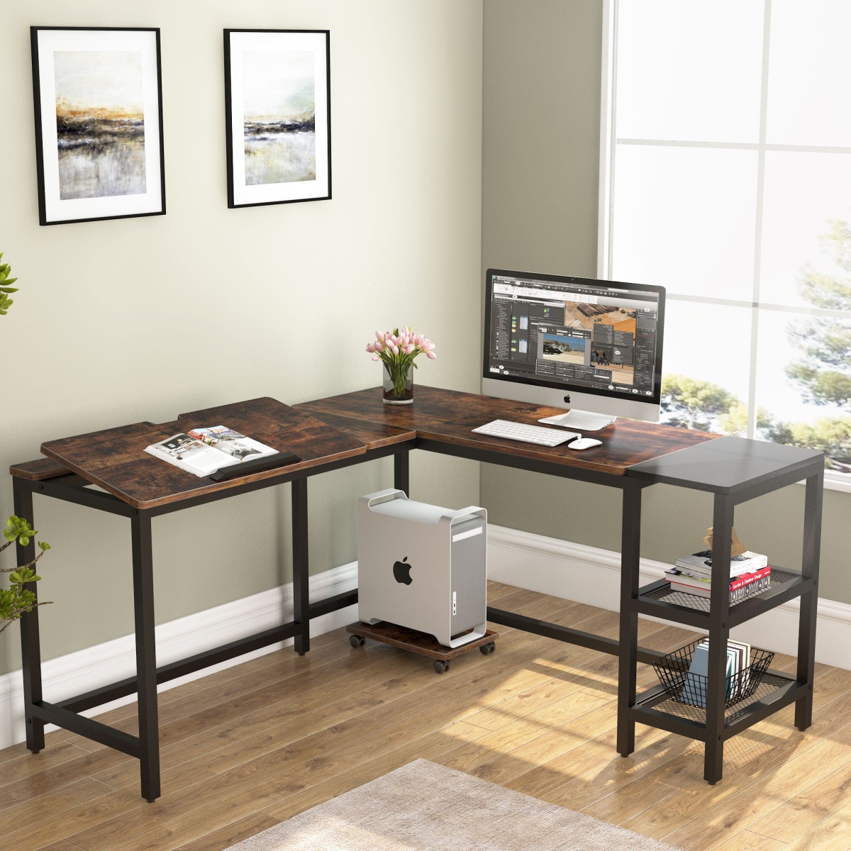 L-Shaped Desk, 59? Corner Computer Desk Drafting Table with Shelves - Image 1