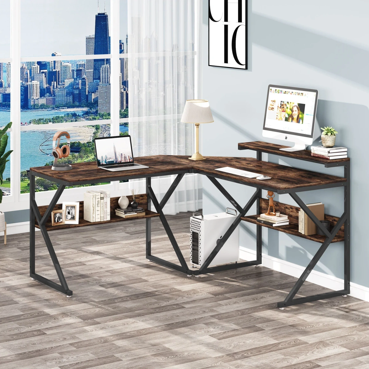 L-Shaped Desk, Corner Computer Desk with Shelves - Image 4