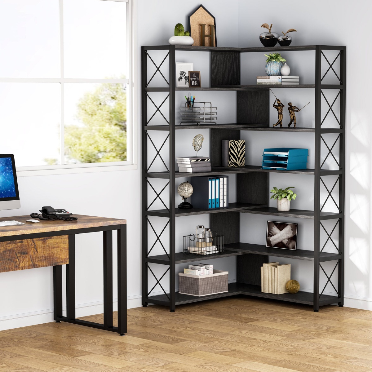 Corner Bookshelf, 6-Tier Bookcase Corner Storage Display Stand - Image 4