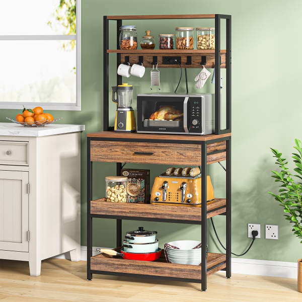 5-Tier Kitchen Baker?s Rack with Power Outlets, Drawer & Sliding Shelves