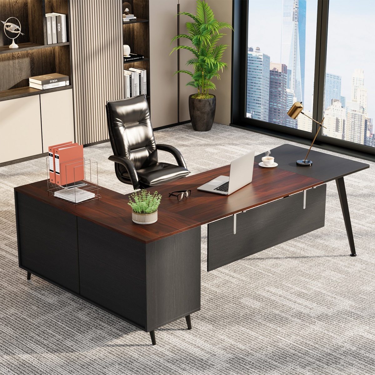 Executive Desk, 87? L-Shaped Computer Desk with 51? File Cabinet - Image 2