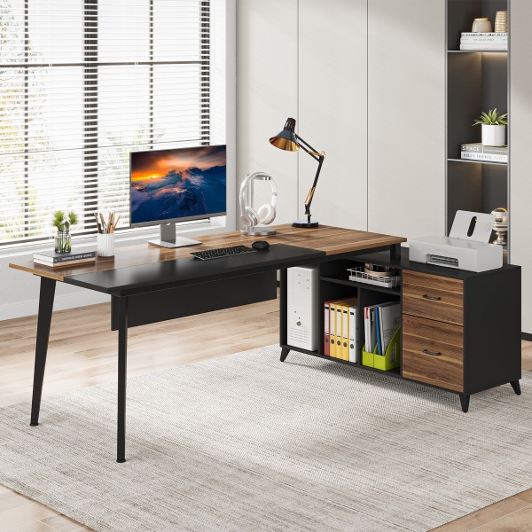 L-Shaped Desk, 70.9?? Office Executive Desk with File Cabinet