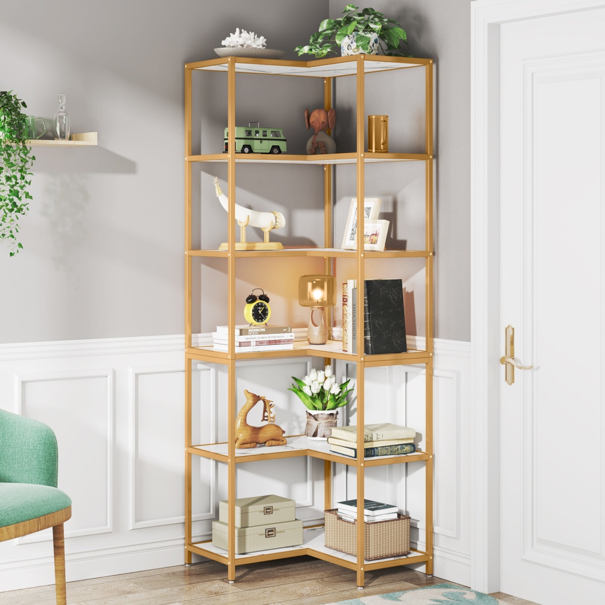 Corner Bookshelf, 70.5? L-Shaped 6-Shelf Etagere Bookcase - Image 5
