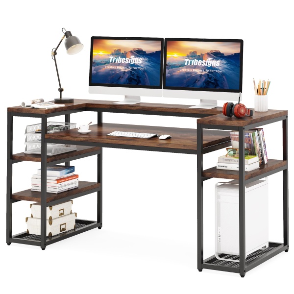Computer Desk, 63? Study Table with Monitor Stand & Shelves