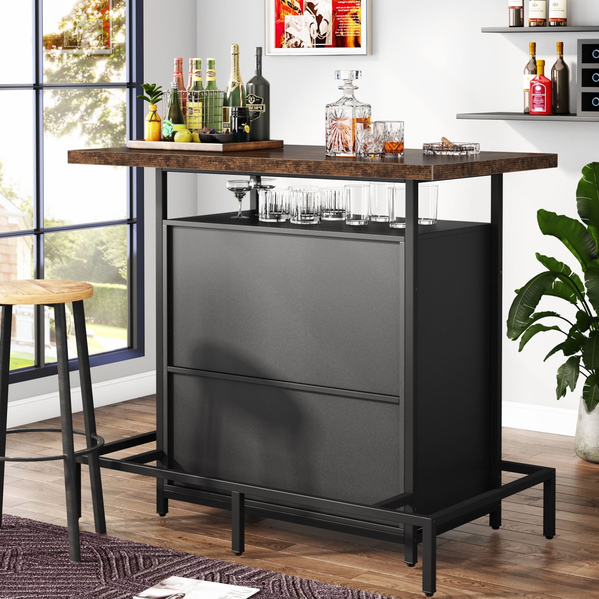 Home Bar Unit, Industrial 3-Tier Liquor Bar Table with Glasses Holder - Image 4