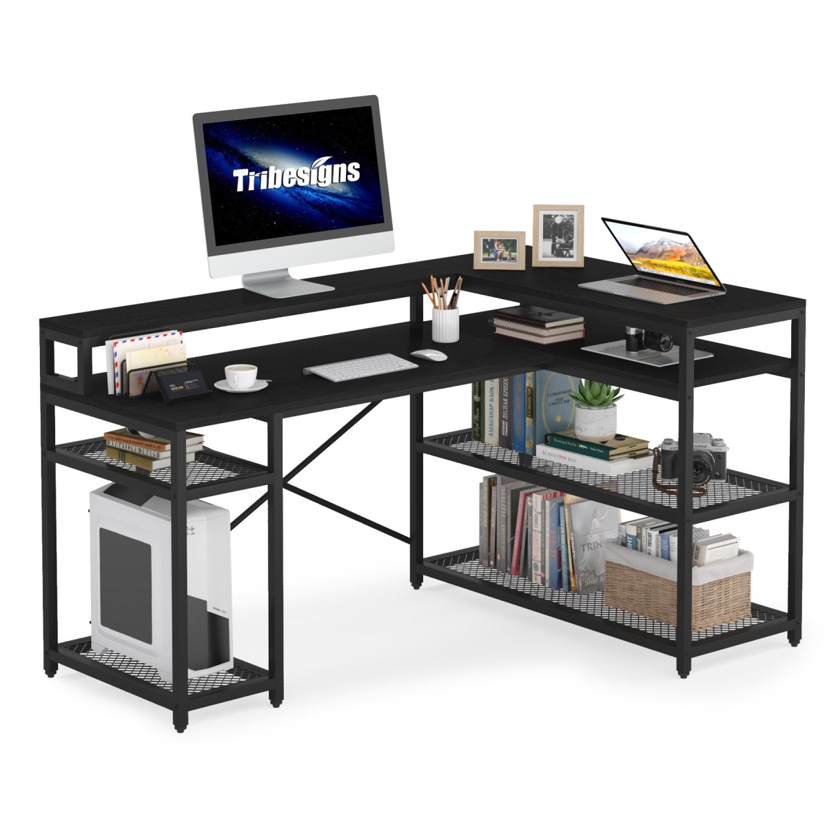 L-Shaped Desk, 59? Corner Computer Desk with Storage Shelf - Image 8