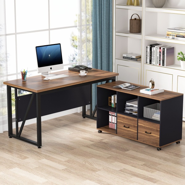 L-Shaped Desk, 55? Executive Desk Computer Table and 43? File Cabinet
