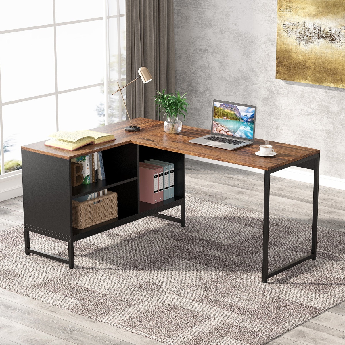 L-Shaped Desk, 60? Corner Computer Desk with File Cabinet - Image 1