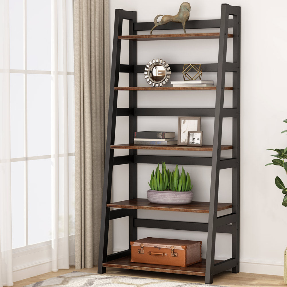 Bookshelf, 5-Tier Ladder Bookcase Etagere Storage Shelf - Image 9