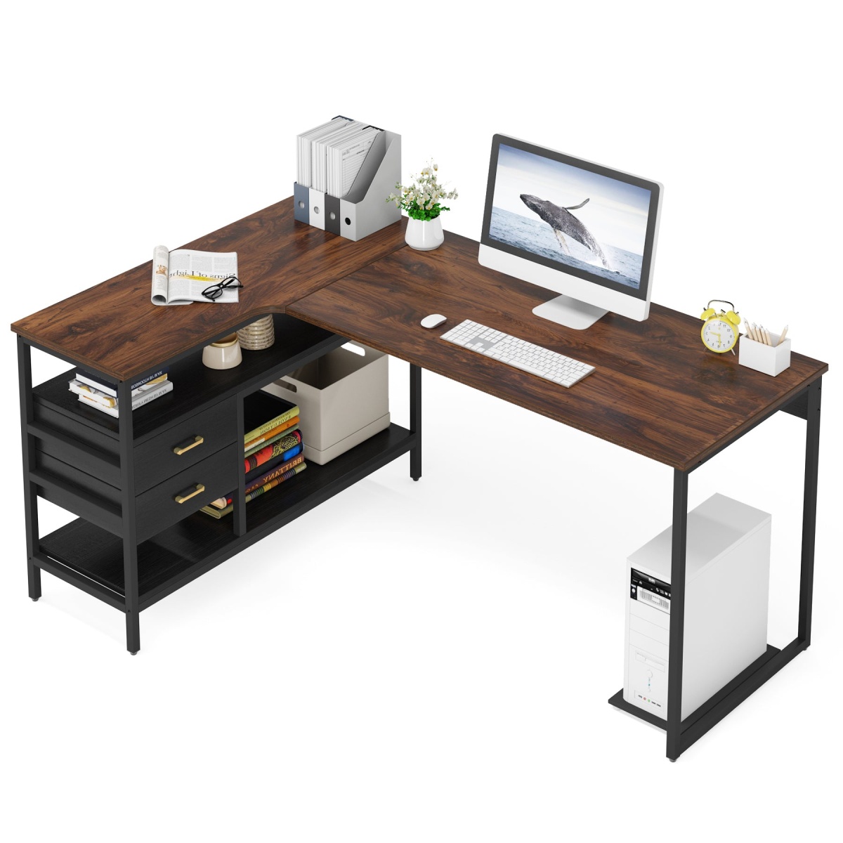L-Shaped Desk, 59? Computer Desk with 2 Drawers & Storage Shelves - Image 1