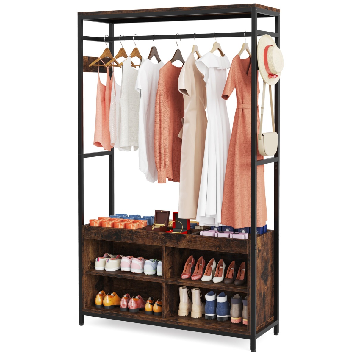 Coat Rack, Entryway Hall Tree Garment Rack with Shoe Storage - Image 1