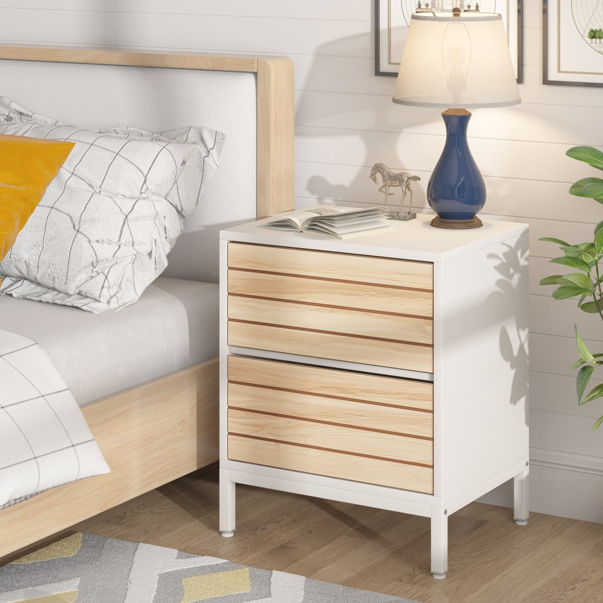 Nightstand, Wood End Table Bedside Table with 2-Drawer - Image 4