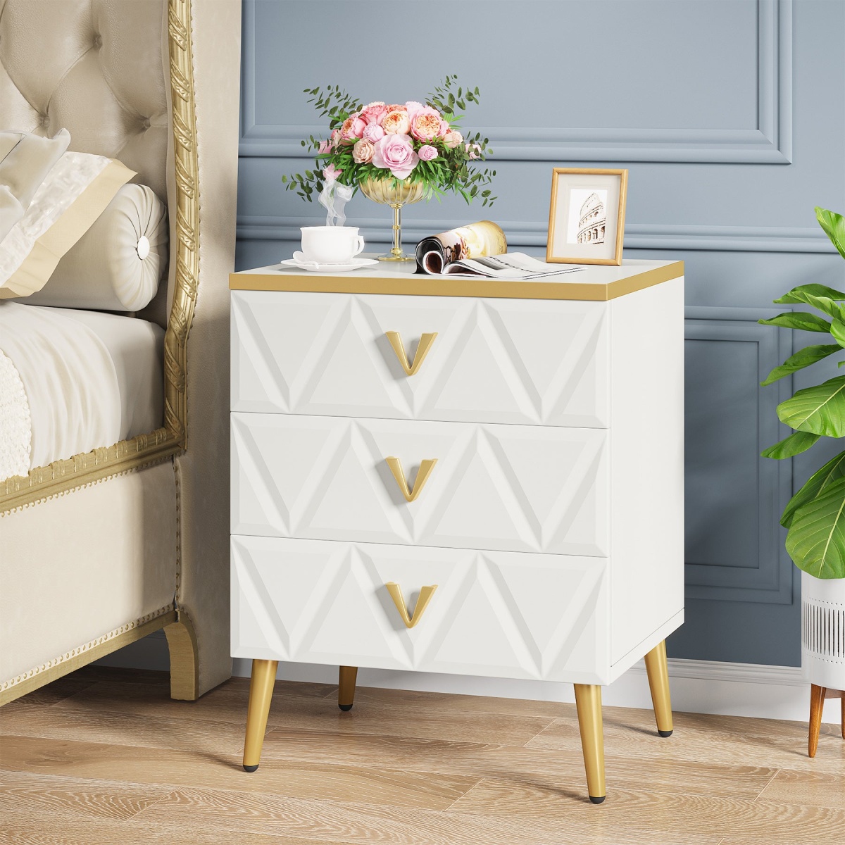 Nightstand, Modern Wooden Bedside Table with Three Drawers - Image 1