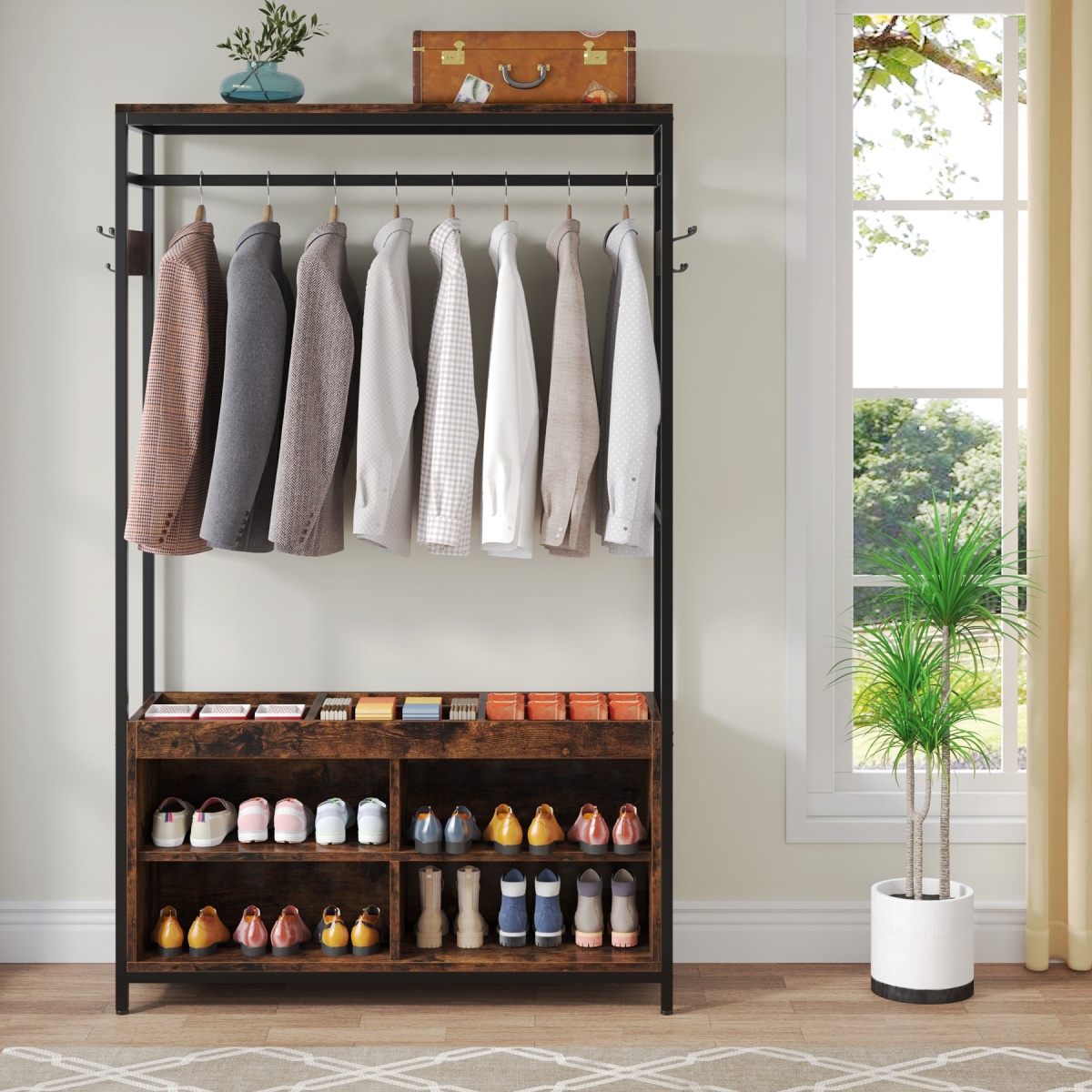 Coat Rack, Entryway Hall Tree Garment Rack with Shoe Storage - Image 5