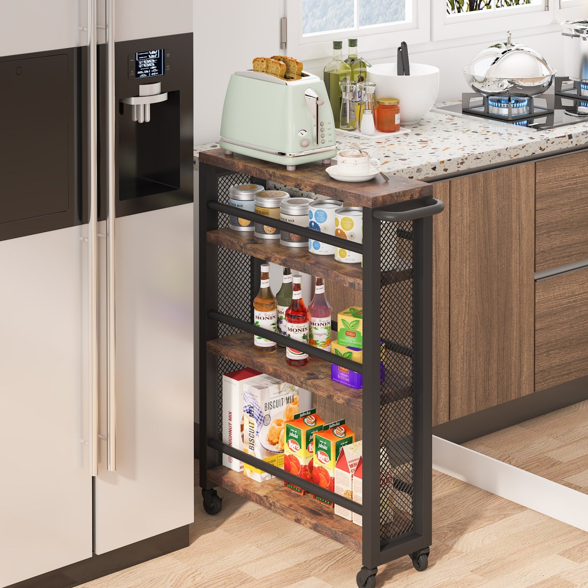 Kitchen Cart, 4 Tier Slim Storage Rolling Cart Spice Rack with Handle - Image 4