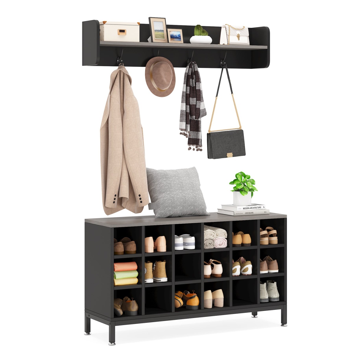 Coat Rack Shoe Bench Set, Hall Tree with Bench and 18 Shoe Cubbies - Image 8