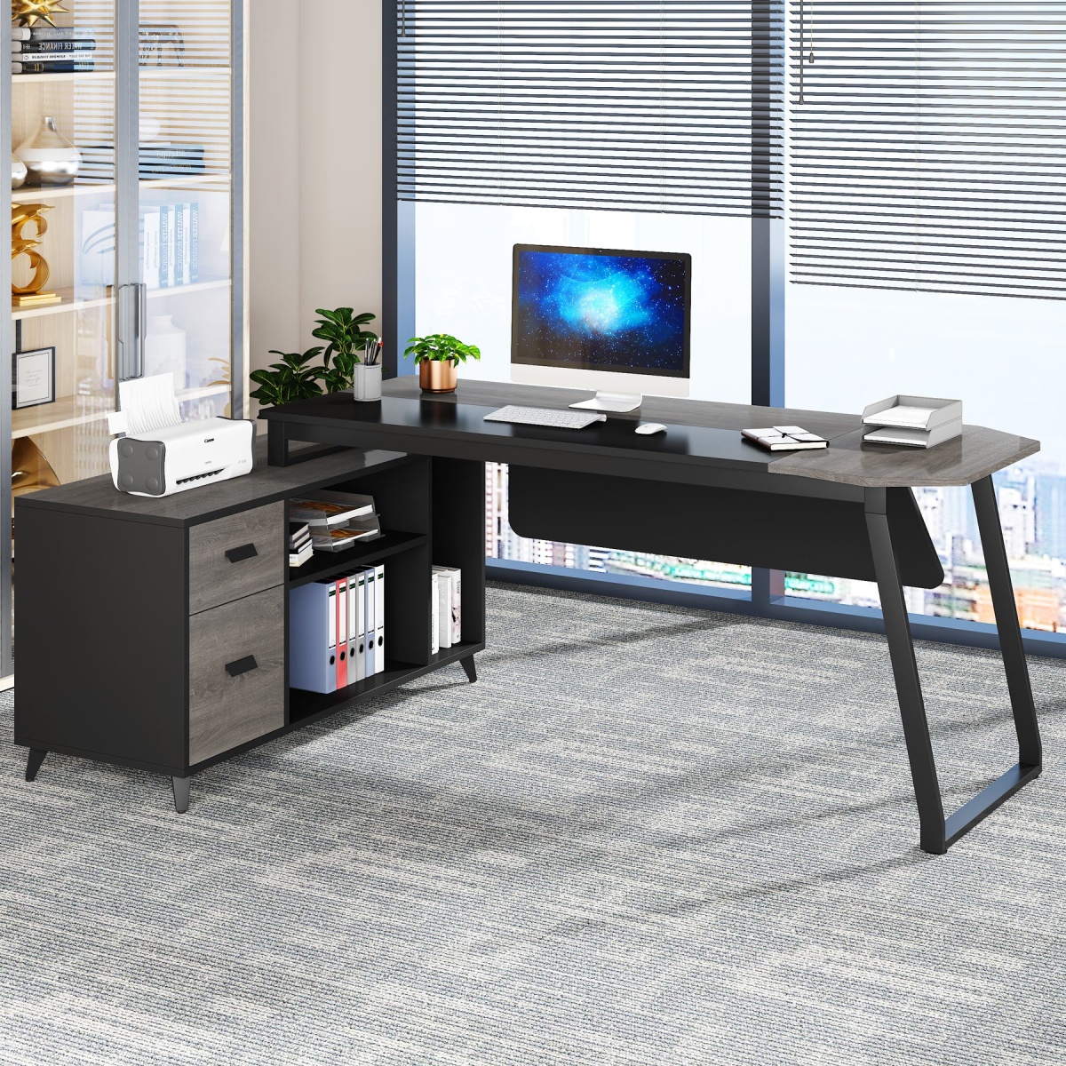 L-Shaped Desk, 70.8 Inch Executive Desk with 47.2 Inch File Cabinet - Image 5