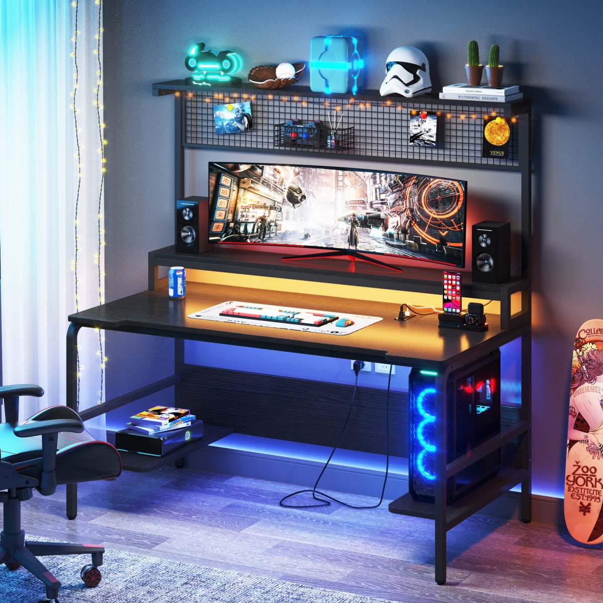 Gaming Desk with 2-Outlet & 2 USB Ports, Computer Desk with Monitor Stand - Image 4