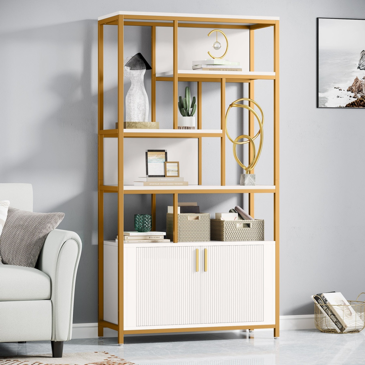 Bookshelf, 70.86? Etagere Bookcase with Storage Cabinet & Open Shelves - Image 4