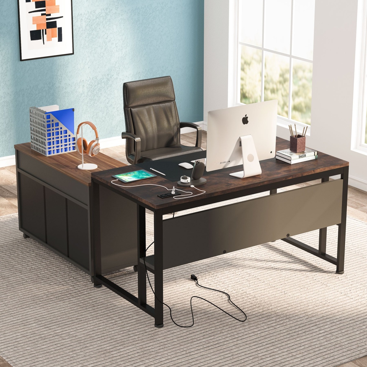 L-Shaped Desk, 55? Executive Computer Desk with File Cabinet & Power Outlet - Image 4
