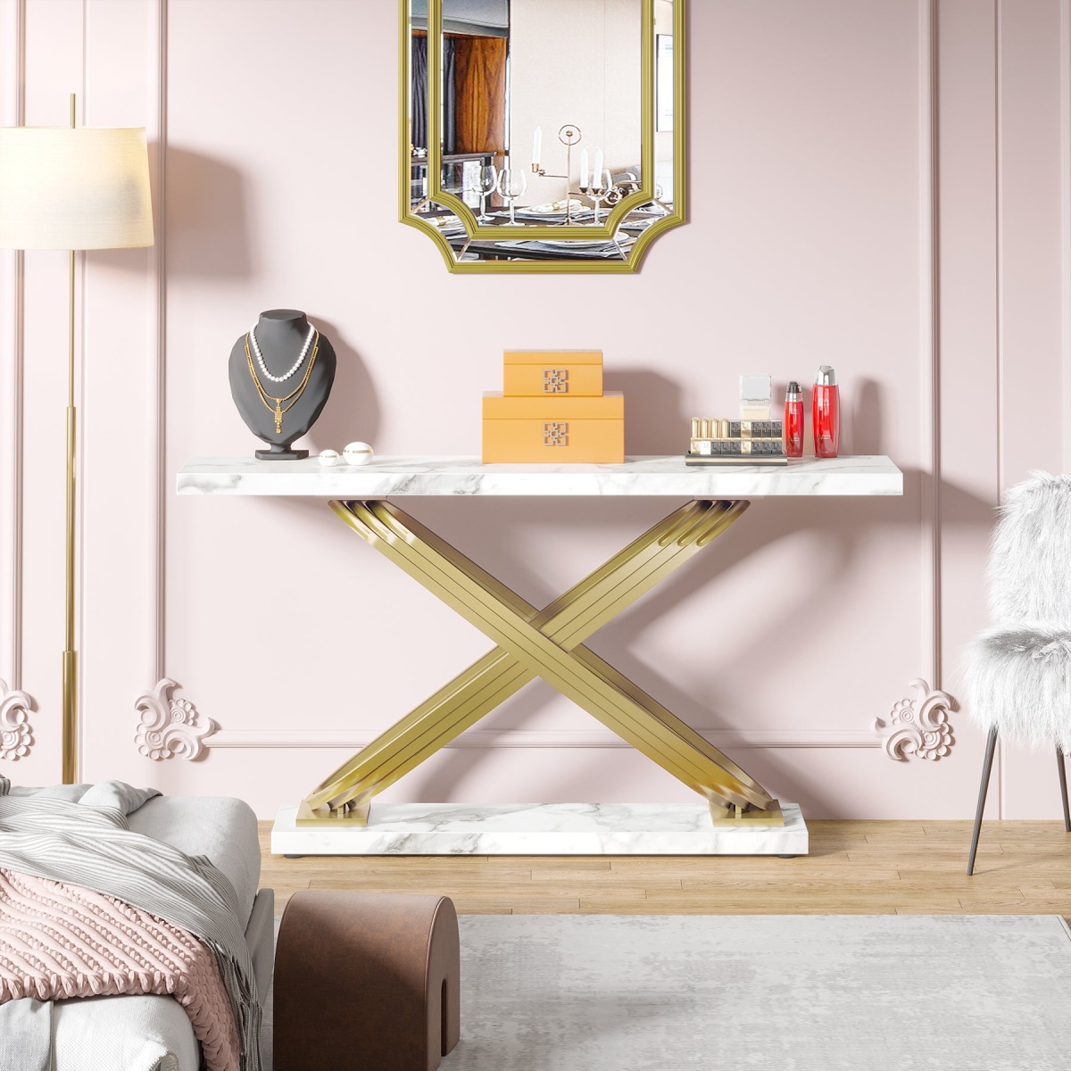 Console Table, 55? Modern Faux Marble Sofa Entryway Table - Image 5