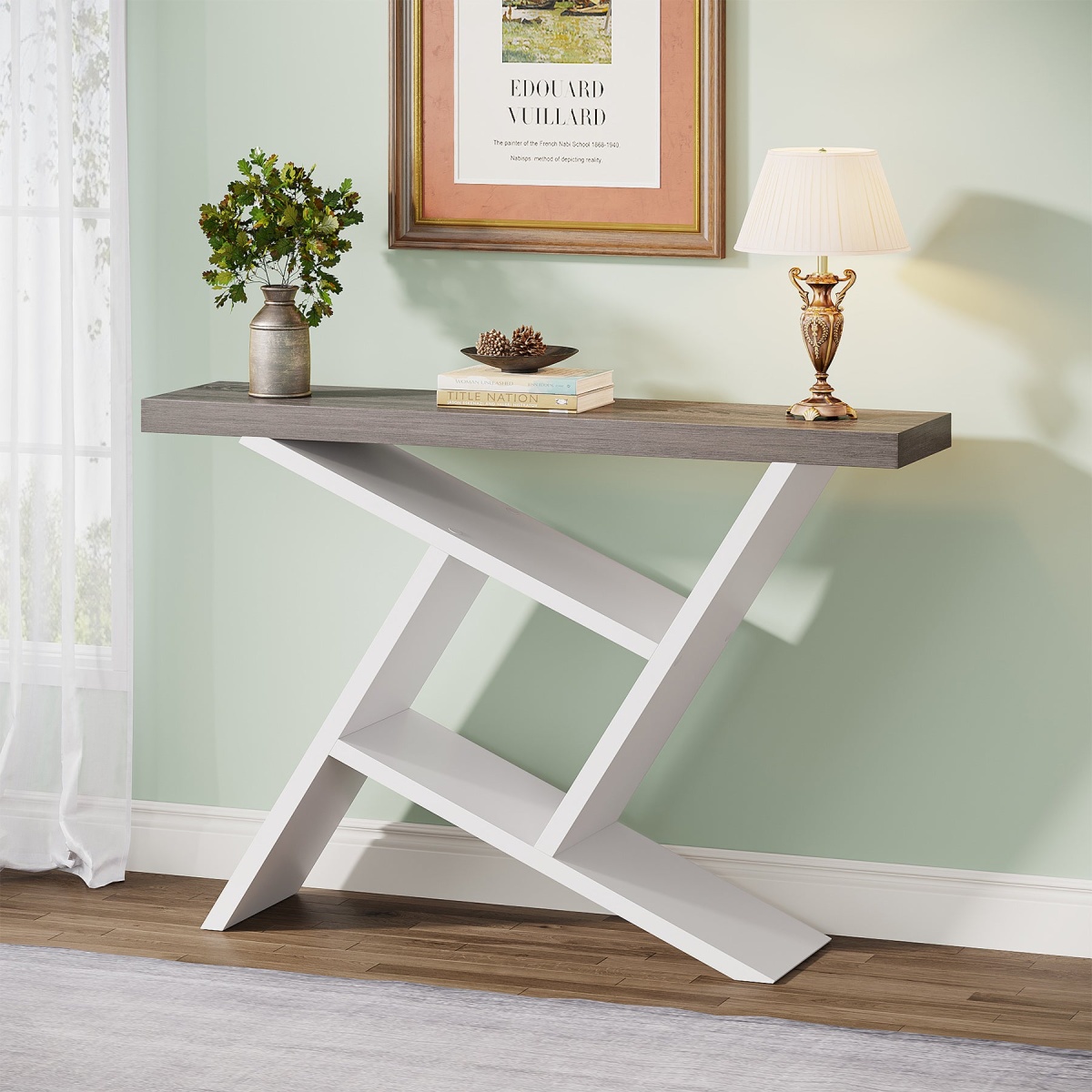 Console Table, 42? Farmhouse Entryway Table with Geometric Wood Base - Image 2