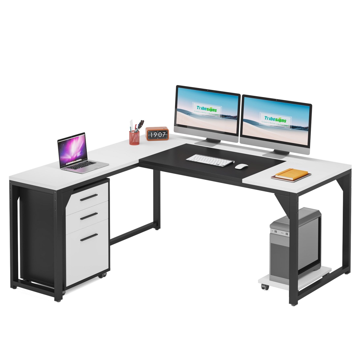 L-Shaped Desk, 63? Executive Computer Desk with Mobile File Cabinet - Image 8