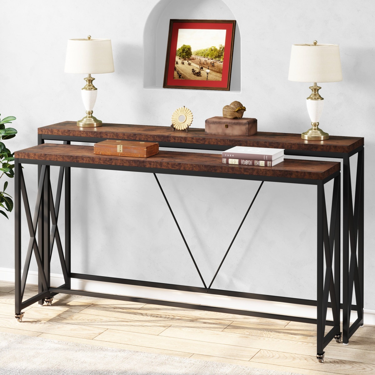 Console Table Set of 2, Narrow Long Sofa Table with Wheels - Image 2