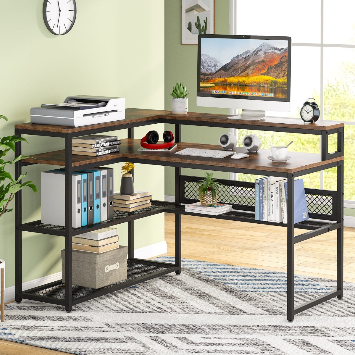 L-Shaped Computer Desk with Open Shelves & Monitor Stand - Image 2