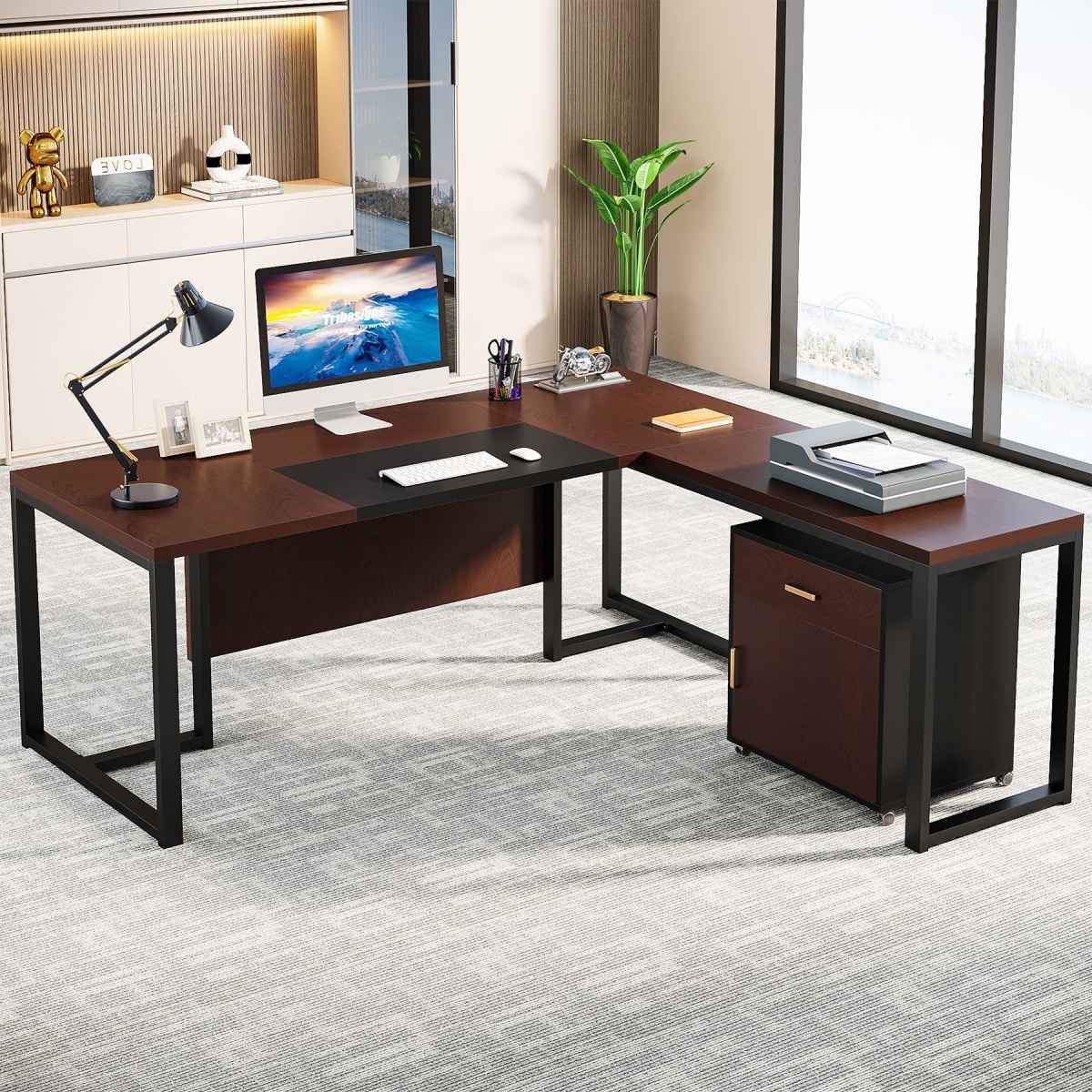 L-Shaped Desk, 70.8?? Executive Desk with Mobile File Cabinet - Image 4