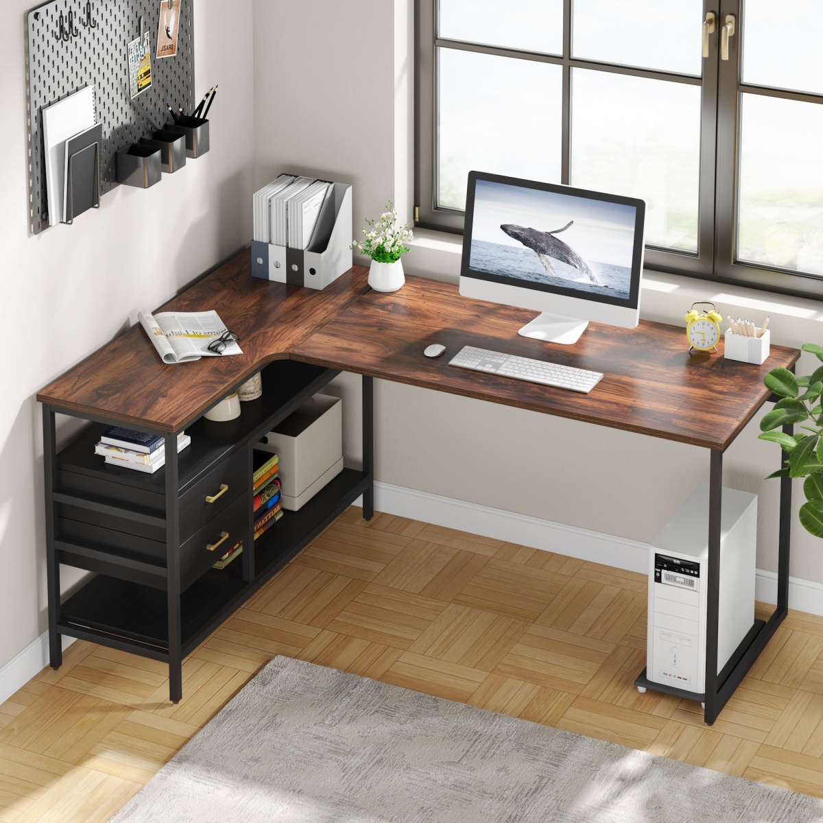 L-Shaped Desk, 59? Computer Desk with 2 Drawers & Storage Shelves - Image 4