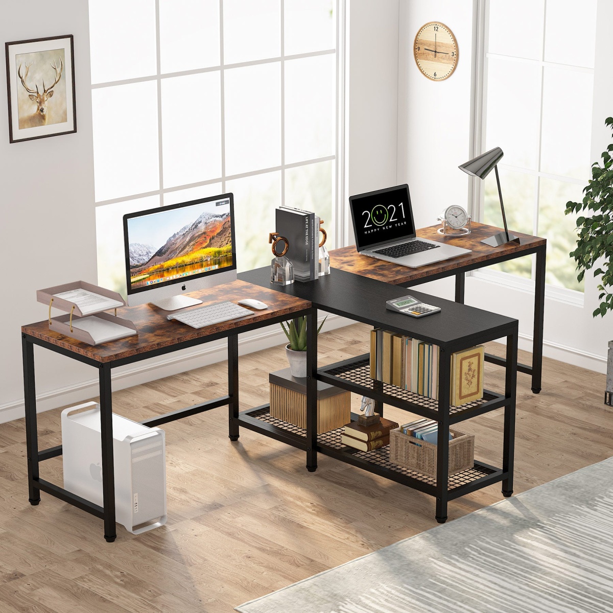 Two Person Desk, 94.5? Double Computer Desk with Shelves - Image 4