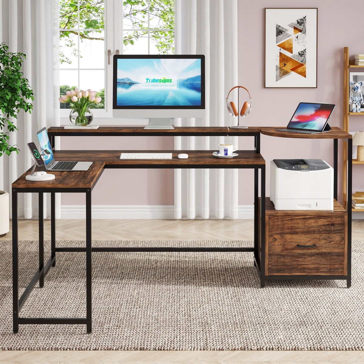 L-Shaped Desk, 67 Inch Corner Computer Desk with Hutch and Drawer - Image 4