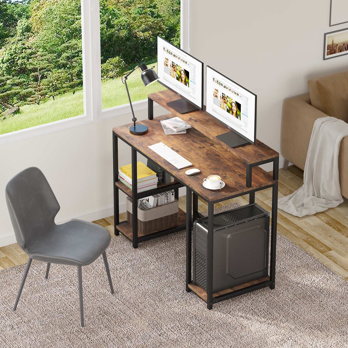 Computer Desk, Industrial Writing Desk with Storage Shelves - Image 4