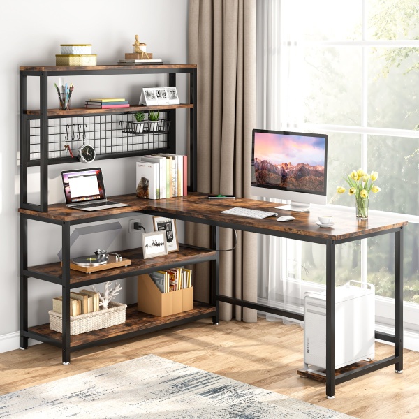 55? Reversible L-Shaped Desk with Wireless Charging & Shelves