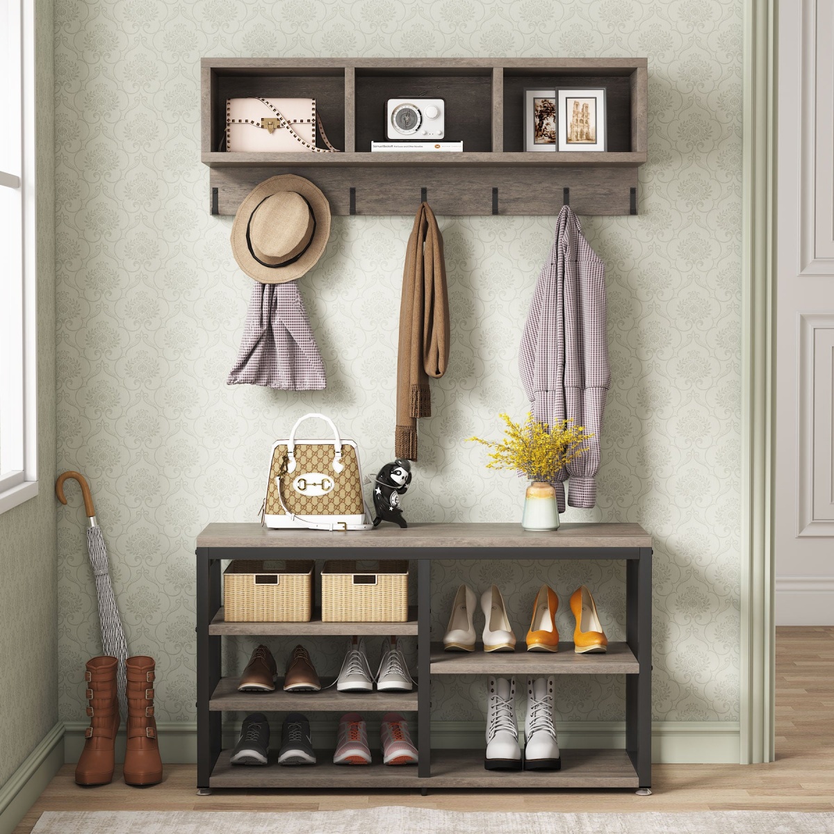 Coat Rack Shoe Bench Set, Hall Tree with Wall Mounted Shelf - Image 12
