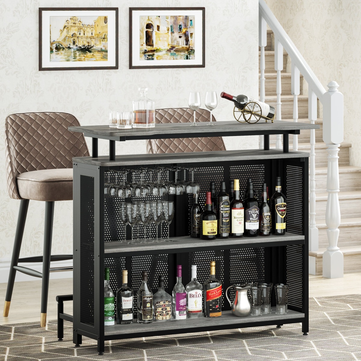 Bar Unit, 3 Tier Liquor Home Bar Table with Stemware Racks - Image 11