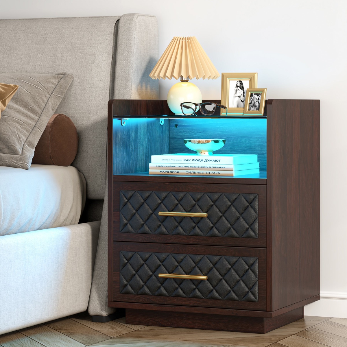 Nightstand, 2 Drawers Beside Table with LED Lights and Shelves - Image 2